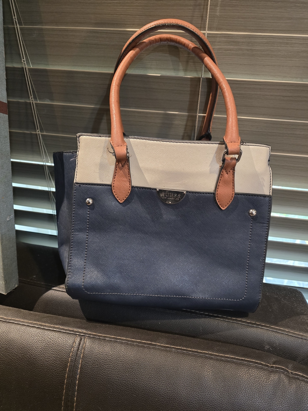 Guess Navy and Cream Tote with Tan Leather Handles